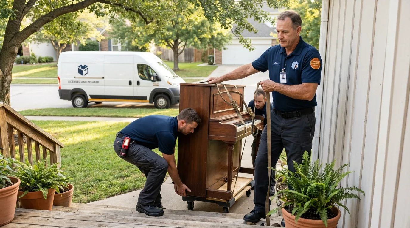 Licensed piano movers securing grand piano in Steinhatchee, FL