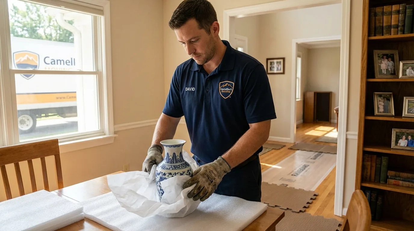 Professional crew carefully wrapping antique vase for senior downsizing move in Steinhatchee, FL